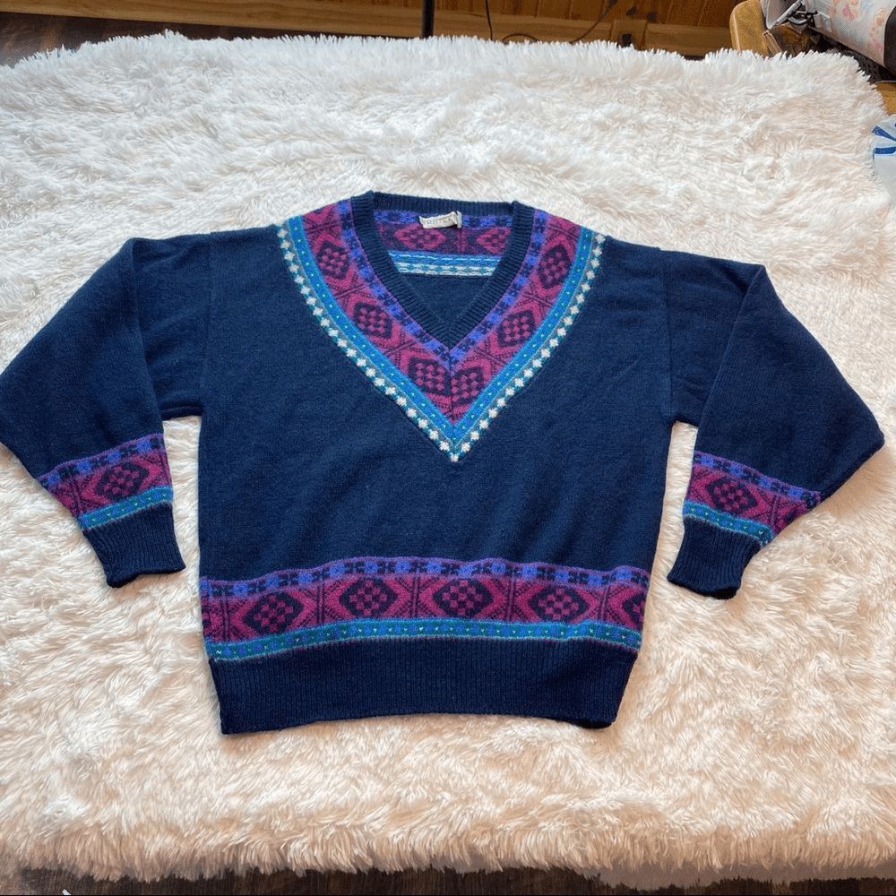 Vintage Jantzen Fair Isle V Neck Sweater Blue Purple Women’s Large L Made USA